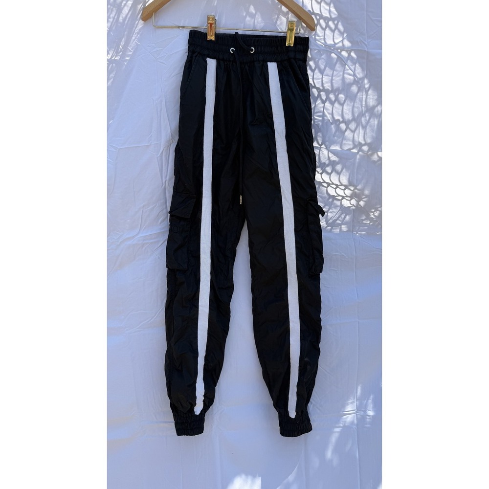 DANIELLE GUIZIO Black Track Pants Cargo Pockets Striped Drawstring Waist‎ Ribbed